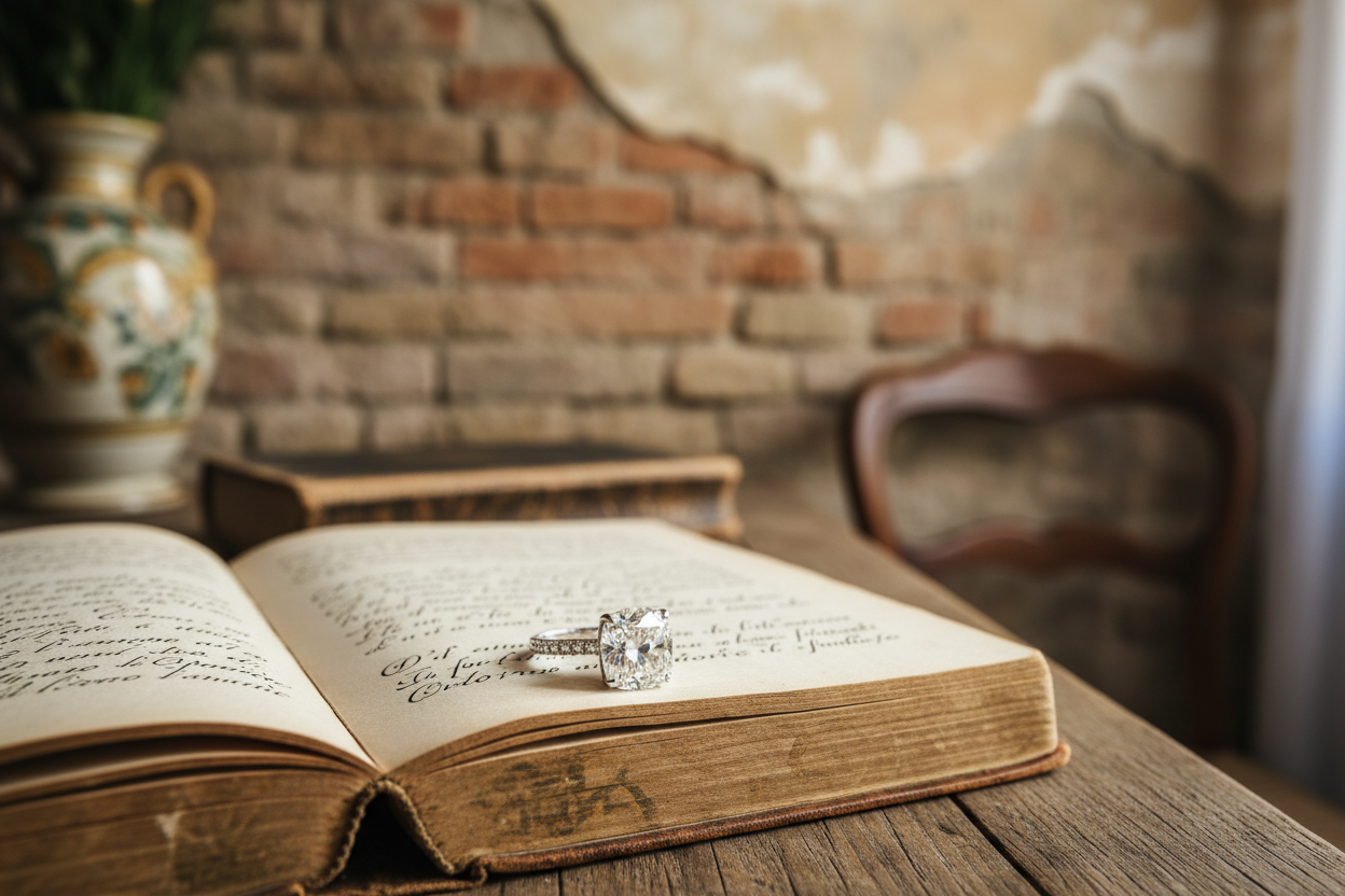 Make me a setting with an elegant ring in an Italian old setting on a romantic book